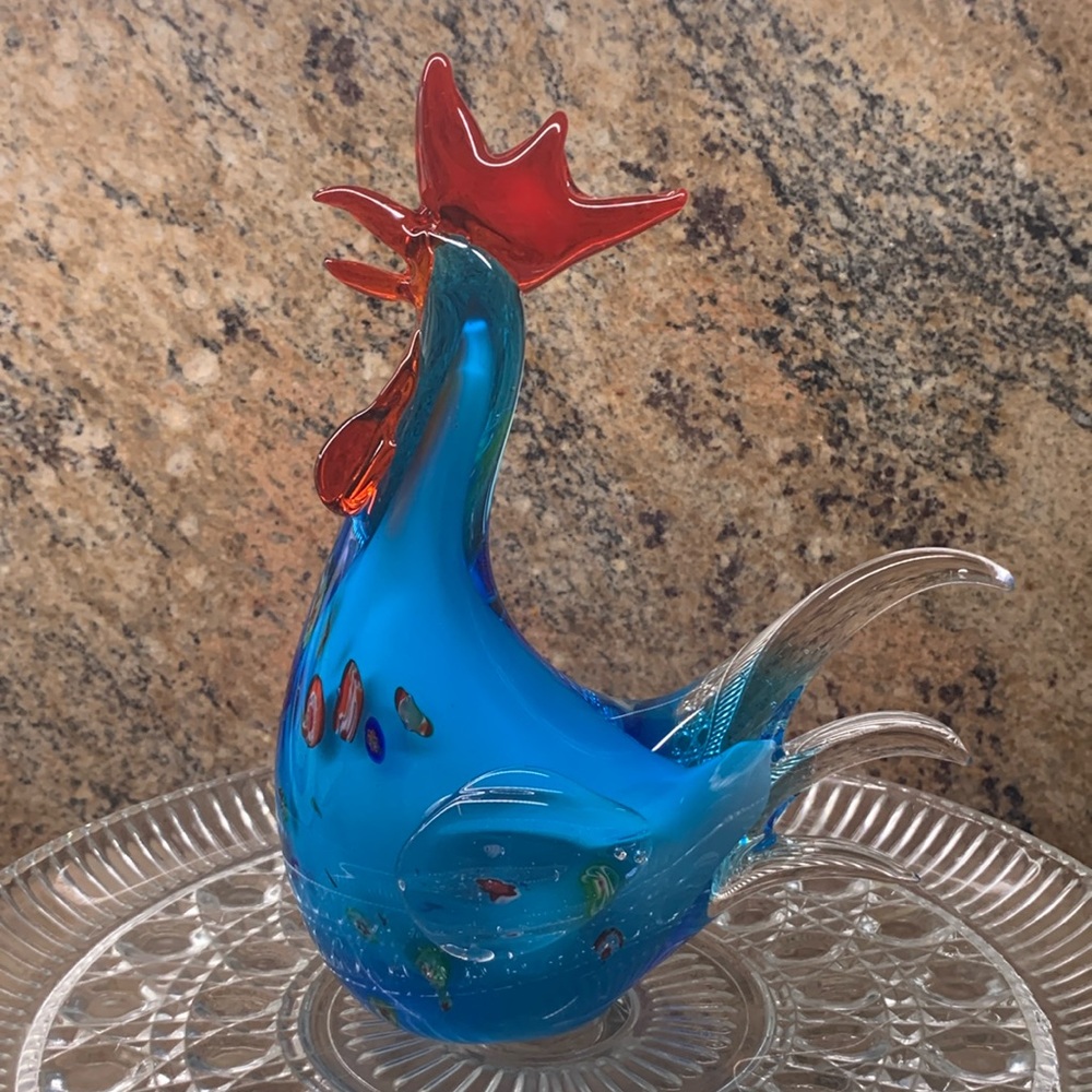Robert William Rooster Murano Glass Art Blue